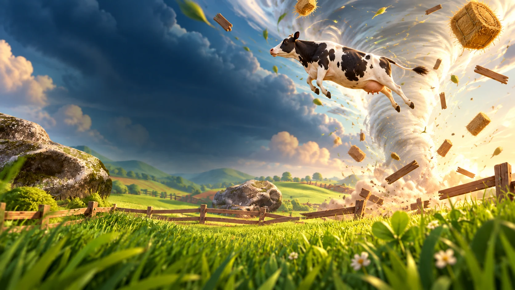 A cow caught in a swirling tornado over the countryside. Tornado Rampage artwork.