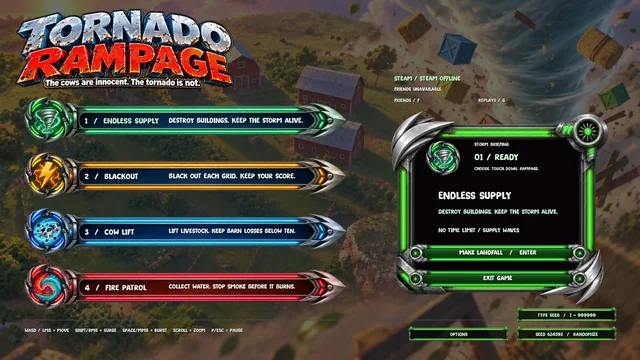 Tornado Rampage main menu showing Endless Supply, Blackout, Cow Lift, and Fire Patrol.